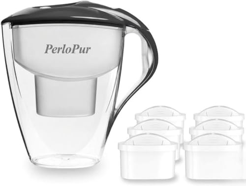 perlopur® Wasserfilter Astra (anthrazit) +6 Filterkartuschen Universal | 3 l gesamt, 1,5 l gefiltert, stabil & kratzfest, BPA-frei, für unimax Kartuschen, reduziert Kalk, Chlor & andere Schadstoffe