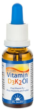 Dr. Jacob's Vitamin D3K2 Öl Tropfen | Nahrungsergänzung für Knochen und Immunsystem* | Hohe Bioverfügbarkeit | Vitamin D3 und K2 Öl | 20 ml | vegetarisch