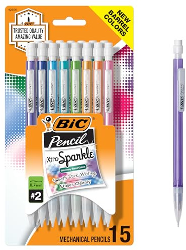 BIC Xtra-Sparkle Number 2 Mechanical Pencils With Erasers, Medium Point (0.7mm), 15-Count Pack, Cute Mechanical Pencils for Girls, Boys and Adults