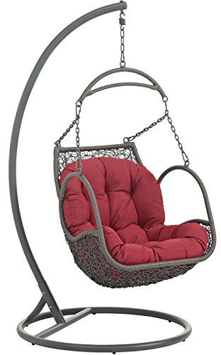 Modway Arbor Wicker Rattan Outdoor Patio Porch Lounge Hanging Swing Chair Set with Stand in Red