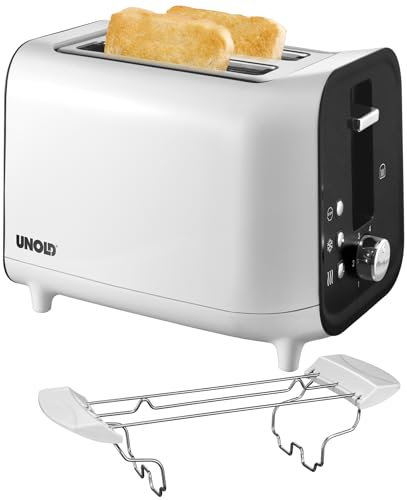 Unold 38410 Toaster Shine White - für 2 Brotscheiben, 4 Funktionen: Toasten, Auftauen, Aufwärmen, Stoppen, Röstgrade, Cool-Touch-Gehäuse, Brötchenaufsatz, 800 Watt