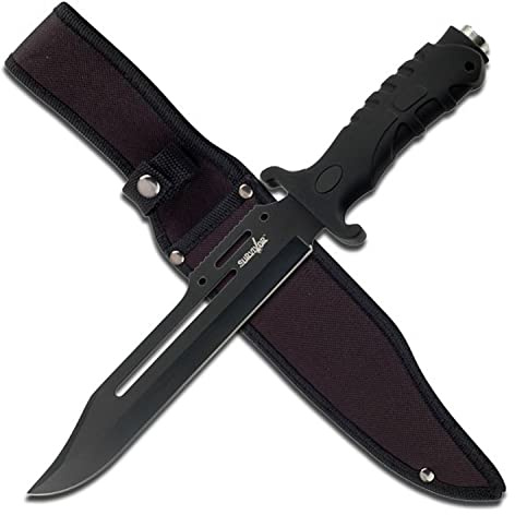 Survivor Outdoor HK-1036 Fixed Blade Outdoor Knife, Black Straight Edge Blade, Black Rubber Handle, 13-Inch Overall