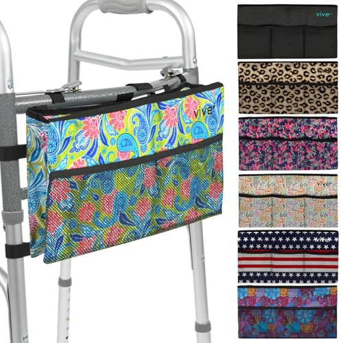 Vive Wheelchair Zimmer Frame Bag - Water Resistant Accessory Basket Provides Hands Free Storage for Folding Walkers - Attachment Fits Wide (Green Paisley)
