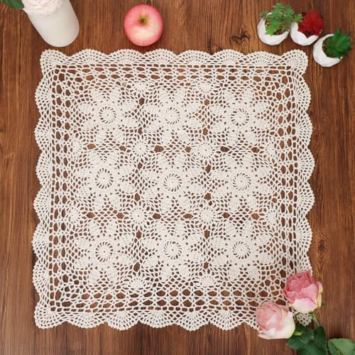 kilofly - Centrino in cotone, realizzata a mano all'uncinetto, forma quadrata, Cotone, Beige, 58,4 cm