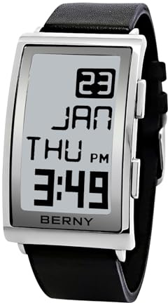 BERNY Herren Digital Sportuhr E-Ink Display Mode E-Paper Uhr Gebogenes Zifferblatt Lederband Uhren mit Zwei Zeitzonen Wasserdicht Armbanduhren