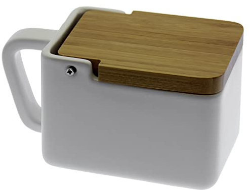 DONREGALOWEB Salero de cerámica con Tapa de Madera Decorado en Color Blanco y marrón