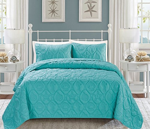 Grand Linen 3-Piece Tropical Coast Seashell Beach (California) Cal King Bedspread Turquoise Blue Coverlet Embossed Bed Cover Set. Sea Shells, Sea Horse, Starfish etc.