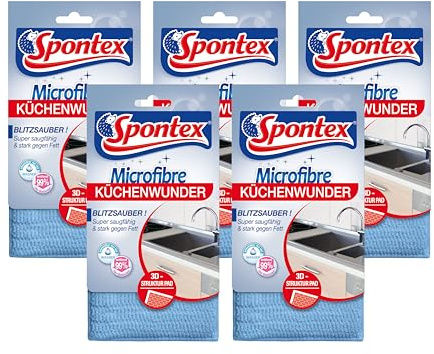Spontex Microfibre Küchenwunder, 3D Mikrofaser-Pad mit Schwammkern, ideal für alle Küchenoberflächen, effizient gegen Schmutz und Fettrückstände, 5 x 1 Stück
