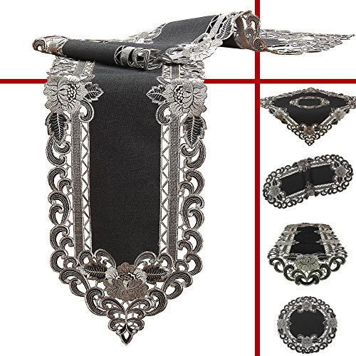 Grau Tischdecke Mitteldecke Leinen-Optik Blumen Stickerei (ca. 85x85 cm Eckig)