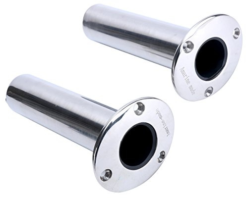 (Set of 2) Amarine-Made Heavy Duty Stainless Steel 316 Deluxe Rod Holders with Drain, Flush Mount Fishing Rod Pole Holders, 90 Degree