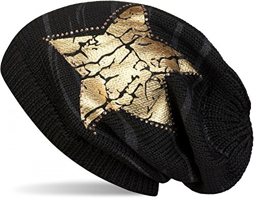 styleBREAKER Damen Beanie Stern Strass Streifen 58cm | Slouch Longbeanie. elastisches Material. weiche Haptik. Bundweite 19cm. Einheitsgröße. Glitzer Applikation.