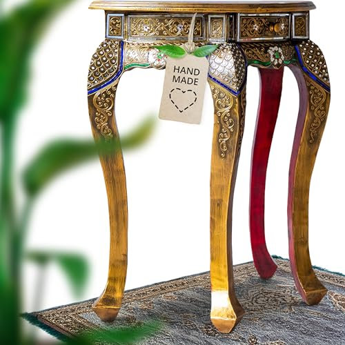 livasia Opiumtisch aus Massivholz – 65x35x75cm – Handgeschnitzter Beistelltisch Holz aus Thailand, Elegant & Detailverliebt, asiatische Kunst mit Glasmosaik