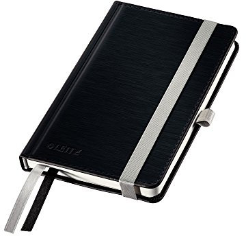 Leitz Notizbuch A6 kariert, 160 Seiten, 80 Blatt, Hardcover mit hochwertigem Bezug, 100 g/m² Papier, Gummizugverschluss, Textilbänder, Stiftelasche, Mit Tasche, Style Serie, Satin Schwarz, 44910094