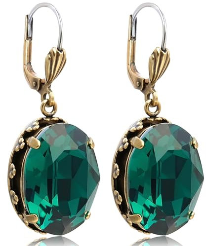 Jugendstil Ohrringe Markenkristalle Gold Emerald Grün Damen Ohrhänger NOBEL SCHMUCK