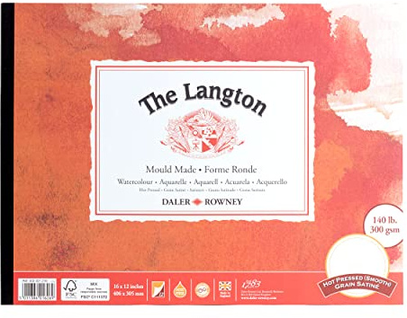 Daler-Rowney The Langton Aquarellpapier, heißgepresst, 300 g/m², 40,6 x 30,5 cm, einseitig geklebt, 12 naturweiße Blätter, ideal für professionelle Künstler und Studenten