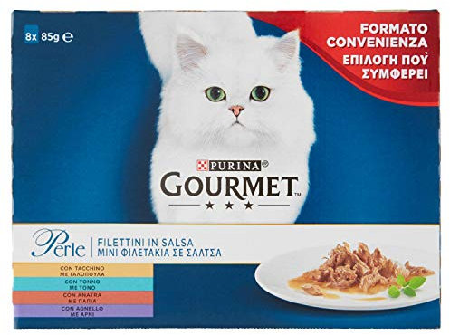 Purina Gourmet Perle Filettini In Salsa Umido Gatti con Tacchino, Tonno, Anatra e Agnello, 8 buste da 85g