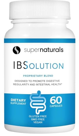 SuperNaturals IBSolution - Made in USA, Non-GMO, Gluten Free & Vegan (60 Capsules) - Digestive Gut Health Supplement With Psyllium Husk - Gas, Bloating, Diarrhea, Constipation Relief, Abdominal Pain