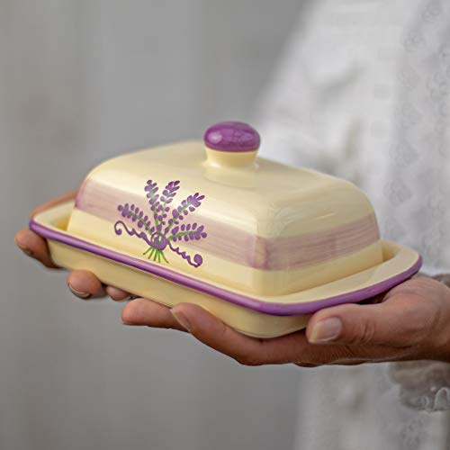 City to Cottage Butterdose Keramik Lavendel und Beige Polka Dots Handgemacht 250 Gramm Keramik Butterdose mit Deckel