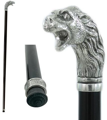 CAVAGNINI Bastone Leone Ortopedico Elegante Cerimonia Legno Faggio Fatto a Mano su Misura 5 Colori Manico Peltro Lucido Finitura Argento Incisione Nome Compresa Regalo Lusso Papà