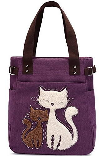 KAUKKO Bolso de hombro de las mujeres con el bolso de compras lindo del ocio de la lona del gato (Púrpura)