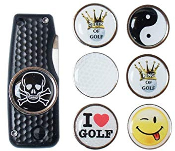 RoLoGOLF Pitchgabel schwarz aufklappbar + 1 Golfball Marker mit Motiv nach Wahl
