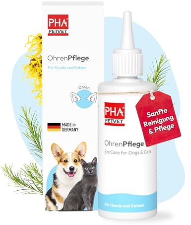 PHA OhrenPflege Hund & Katze, Ohrentropfen mit Teebaumöl & Panthenol | Aus Deutschland, sanfte Ohrenreinigung & Pflege, Ohrenreiniger mit Panthenol, entfernt Ohrenschmalz, 100 ml