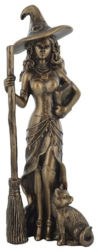 Figura decorativa de bronce con diseño de bruja y gato negro
