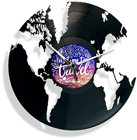 DISCOCLOCK - Orologio in vinile SILENZIOSO e PERSONALIZZABILE - WORLD - IDEA REGALO A TEMA MONDO PER CHI AMA VIAGGIARE (etichetta personalizzata)