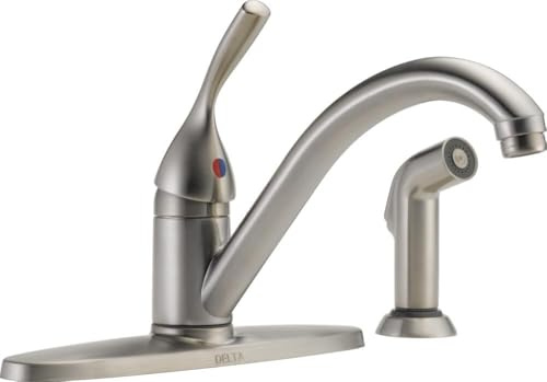 Delta Classic Brushed Nickel Kitchen Faucet with Side Sprayer, Contemporary 4 Hole Kitchen Sink Faucet, Single Handle, Stainless 400-SS-DST