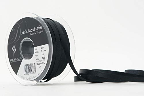 Berisfords Double Faced Satin Ribbon, Black, 7 mm Width, 100 metre Length 5024264203835