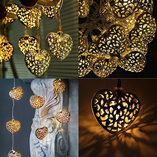 20x Metal Moroccan Warm White LED Heart Fairy String Lights Battery Operated, Indoor/Outdoor Bedroom Kitchen Hallway Garden Lighting (20 LED Silver)