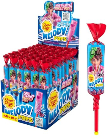 Chupa Chups Melody Pops Erdbeere, Thekendisplay mit 48 fruchtigen Erbeer-Lollis in Flötenform zum Musik spielen, für Partys und Weihnachten, 48 x 15g