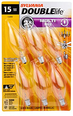 Sylvania Double Life Incandescent Light Bulb, B10, 15W, Candelabra Base, 65 Lumens, 3000K, Clear, Soft White - 6 Pack (15318)