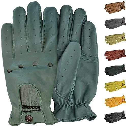 German Wear Lederhandschuhe Herren Autofahrerhandschuhe aus echtem Lammnappaleder Retro offener Handrücken perforierte Finger mit Druckknopf atmungsaktiv weich für Autofahren Rennsport Touring