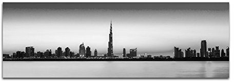 Leinwandfoto als Panorama SCHWARZ/WEISS 150x50cm Dubai Skyline Wolkenkratzer Wasser Abendlicht