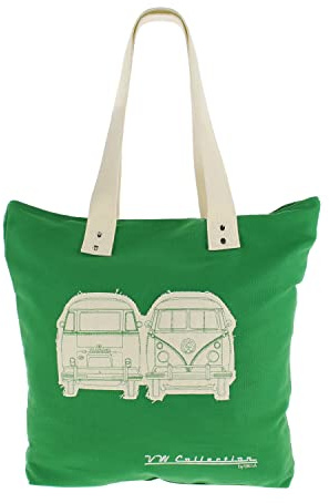BRISA VW Collection – Volkswagen återanvändbar kanvas-shoppingpåse strandväska med T1 Bulli buss-motiv (silhuett/grön), Grön, Canvas