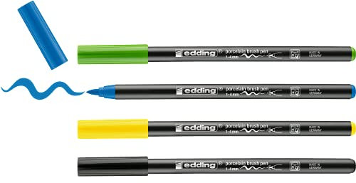 edding 4200 Brush Pen per Porcellana, Nero, Giallo, Azzurro, Verde Chiaro, 4 Penne, Punta 1-4 Mm, per Dipingere e Decorare Ceramica, Porcellana, Lavabile In Lavastoviglie, Asciugatura Rapida