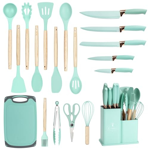 EliteHoff Juego de cuchillos de cocina de 19 piezas, utensilios de silicona con mangos de madera, 5 cuchillos, 12 utensilios de cocina, tabla de cortar y soporte, sin PFOA, apto para lavavajillas (E