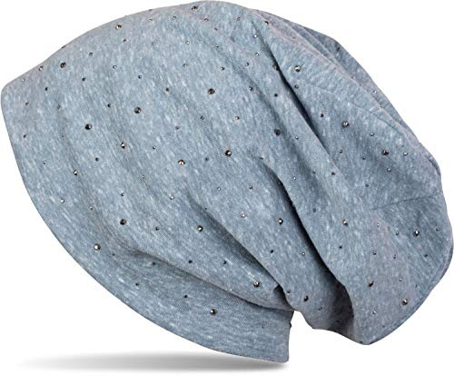 styleBREAKER dammössa dekorerad med eleganta strasstenar, lång beanie, 04024037, Blå fläckig/använd look, En Storlek