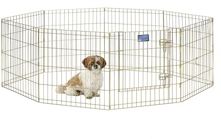 MidWest Homes for Pets Hunde-Gehege aus Metall, zusammenklappbar, mit Tür, inklusive Erdspießen, bietet 1,5 m² Spielfläche, 61 cm hoch, goldfarben verzinkt. | Für den Innen- und Außenbereich, große Türöffnung & sicherer Riegel, einfach aufzubauen, faltbares Laufgitter