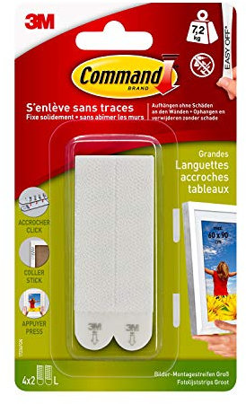 Command Große Bildaufhängestreifen, Packung mit 4x2 Klebestreifen, Weiß - Beschädigungsfreies Aufhängen - für Poster, Rahmen und Spiegel