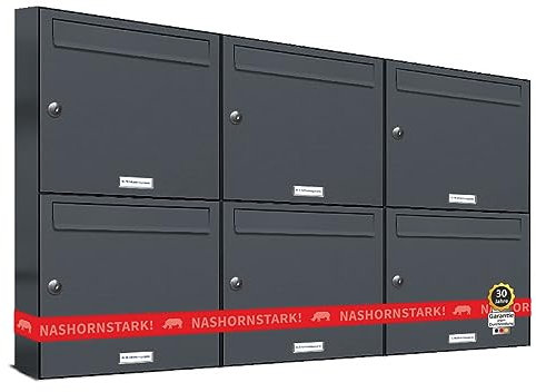 AL Briefkastensysteme 6er Briefkastenanlage Anthrazit Grau RAL 7016, Premium Briefkasten DIN A4, 6 Fach Postkasten modern Aufputz