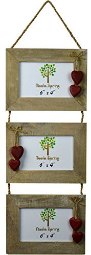 Nicola Spring Hanging 3-Photo Frame - Fits Photo Size 6 x 4 (15 x 10cm) - Pack of 1 - Rustic Red Hearts Natural Wooden Picture Frame Wall Mounted Landscape Orientation Rope Hanging Poster