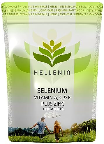 Selenium Supplements 200µg Plus Vitamins A,C,E and Zinc - 180 Tablets - 6 Month Supply Selenium as Selenomethionine | High Bioavailability | Made in The UK by Hellenia