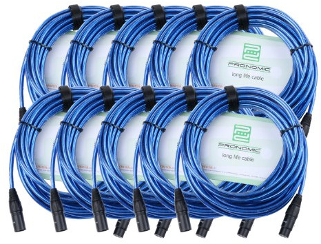 10er Set Pronomic XFXM-Blue-10 Mikrofonkabel (10m Länge, XLR female 3-pol -> XLR male 3-pol, Stecker handgelötet, säure- und ölfest, Spannzangen-Zugentlastung) Metallic Blau