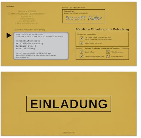 Kartenmachen.de Personalisierte Einladungskarten zum Geburtstag (10-100 Stück) als wiztige förmliche Zustellung Einschreiben Mahnbescheid, 300g/qm Papier, DIN Lang Karte