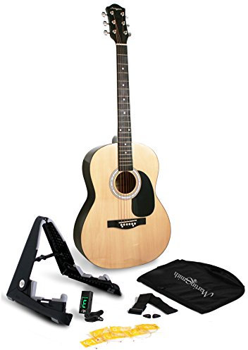 Martin Smith Kit Chitarra Acustica con Chitarra Acustica a Grandezza Naturale con Supporto, Accordatore, Borsa, Tracolla, Plettri & Lezioni