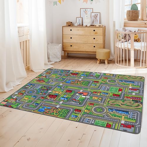 Primaflor Interaktiver Kinderteppich Streets - 140 x 200 cm | Made in Europe | mit Straßenmotiv, Hochwertiger Straßen-Teppich mit Kreisverkehren | für Kinderzimmer, für Jungen & Mädchen