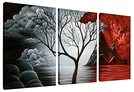 Wieco Art - Der Wolken-Baum, 100% handgemaltes, modernes ölgemälde auf Leinwand auf Holzrahmen, 3-teilig, canvas, multi, 70x50cmx3pcs(28x20inchx3pcs)