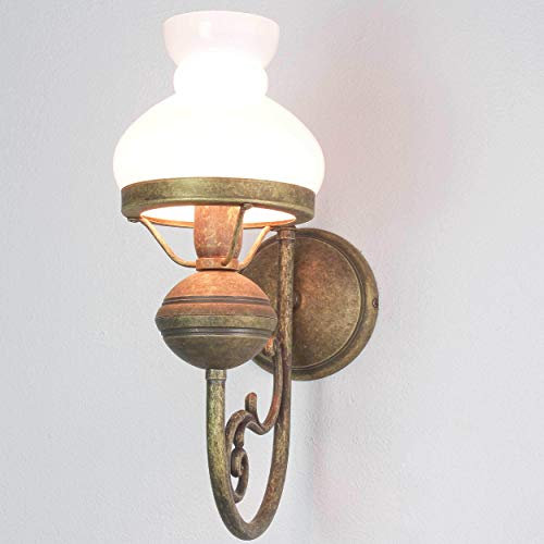 Licht-Erlebnisse Wandlampe Weiß Glasschirm Echt-Messing Antik Bronze Leuchter Jugendstil Handarbeit Wandleuchte Flur Wohnzimmer